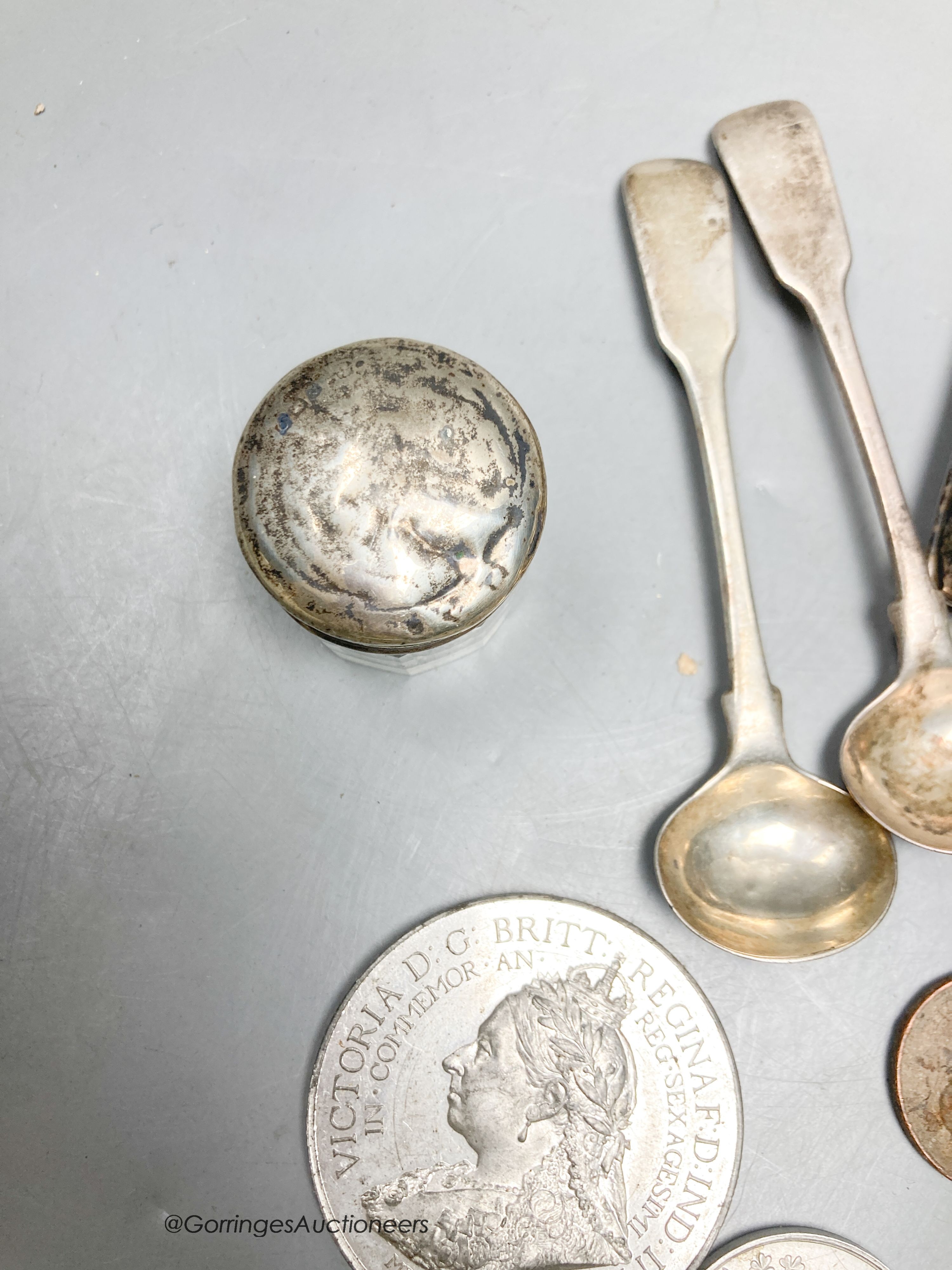 A silver cigarette case, two pocket watches, small pot etc.